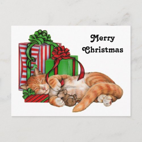 Cute Cat Mouse and Christmas Presents Holiday Postcard