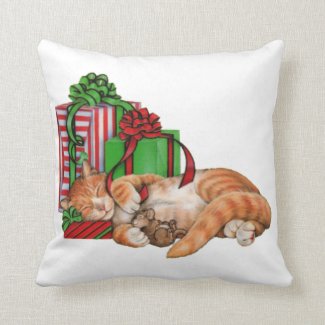 Cute Cat, Mouse and Christmas Presents Throw Pillow