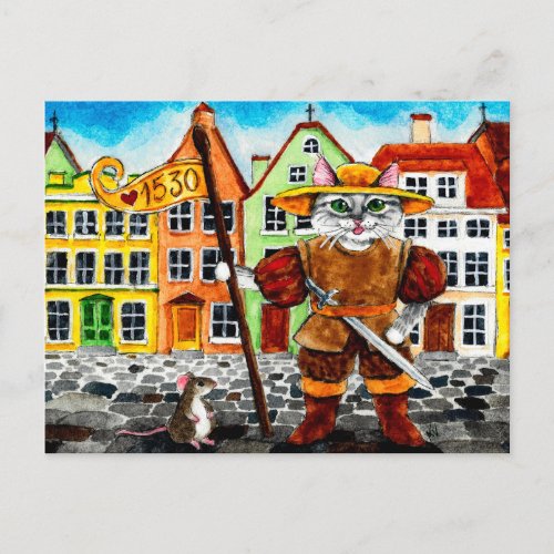 Cute cat mouse Estonian Tallinn folklore postcard