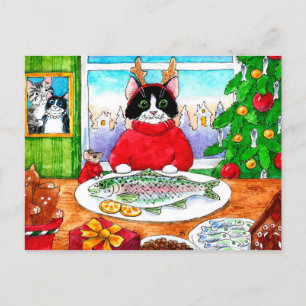 Cute cat mouse fish Christmas winter postcard