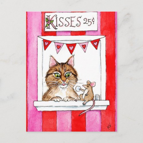 Cute cat mouse kissing booth Valentines postcard