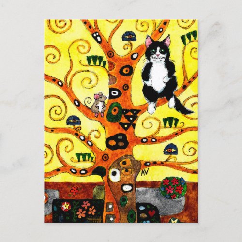 Cute Cat Mouse Klimt Tree of Life tribute postcard
