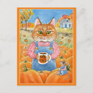 Cute Cat Mouse pumpkin patch autumn Postcard