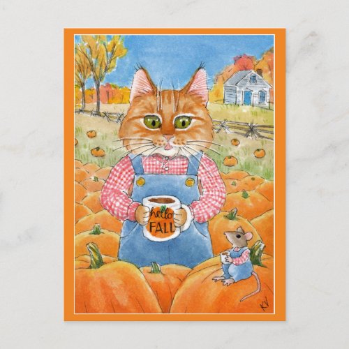 Cute Cat Mouse pumpkin patch autumn Postcard