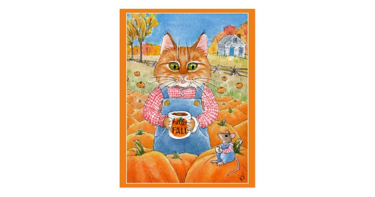Cute Cat Mouse Pumpkin Patch Autumn Postcard Zazzle Com