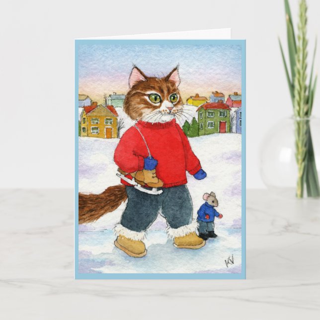 Cute Cat Mouse Skater Winter Holiday card (Front)