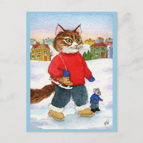 Cute cat mouse skater winter nature postcard