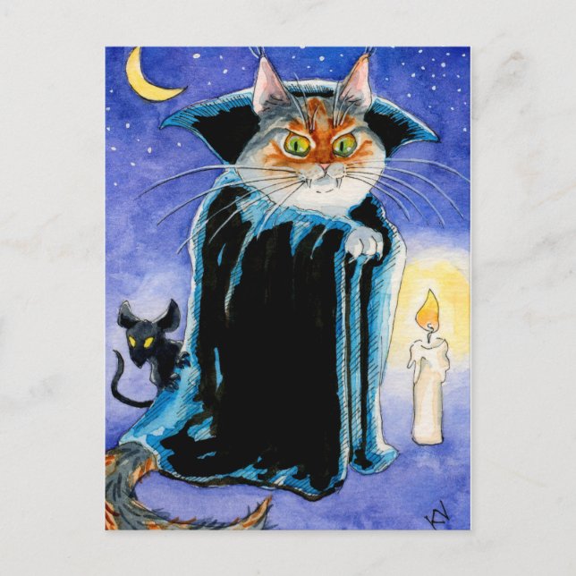 Cute Cat Mouse Vampire Nosferatu Halloween Postcard (Front)