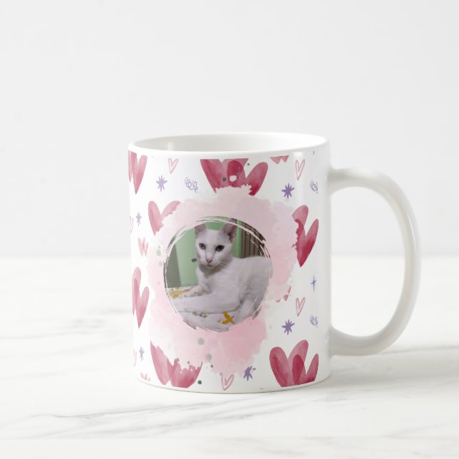 Cute Cat Mug – Hearts & Stars, Customizable Photo (Right)