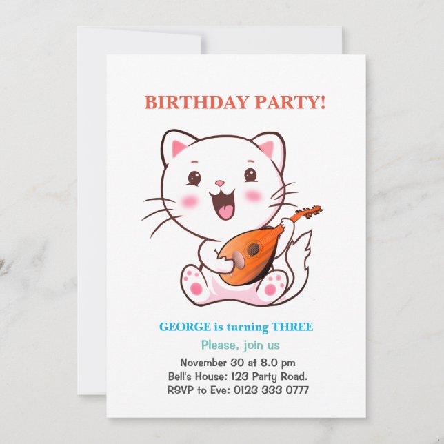 Cute Cat & Multicolored Balloons Birthday Invitati Invitation (Front)