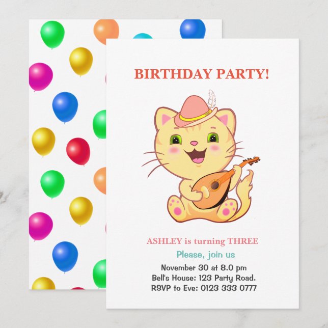 Cute Cat & Multicolored Balloons Birthday Invitation (Front/Back)