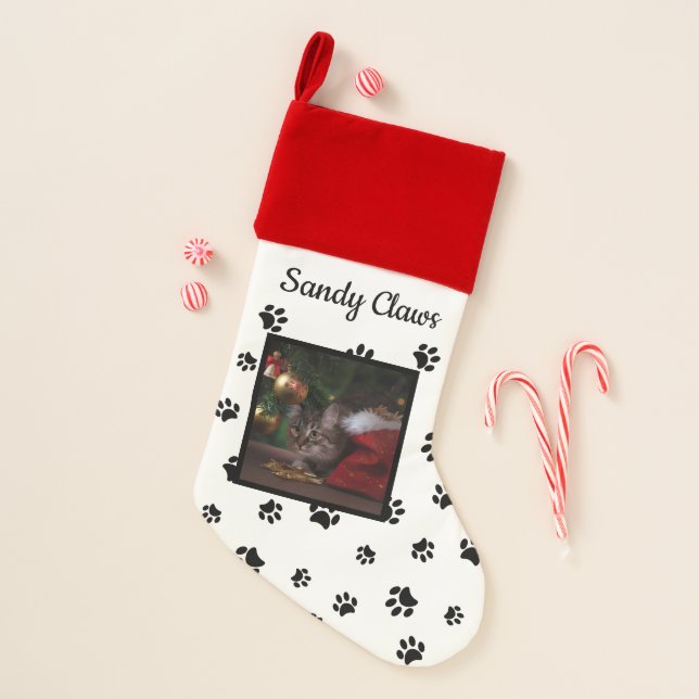 Cute Cat Name & Photo Black Paw Prints Christmas Stocking (Front)