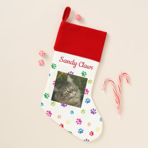 Cute Cat Name  Photo Colorful Paw Prints Christmas Stocking