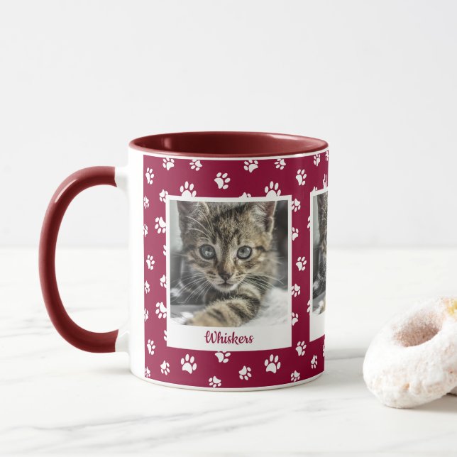 Cute Cat Name & Photo Red and White Paw Prints Mug (With Donut)