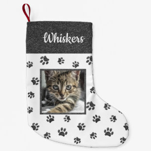 Cute Cat Name Photo Silver Glitter Paw Prints Small Christmas Stocking