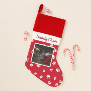 Cute Cat Name & Photo White Paw Prints Christmas Stocking