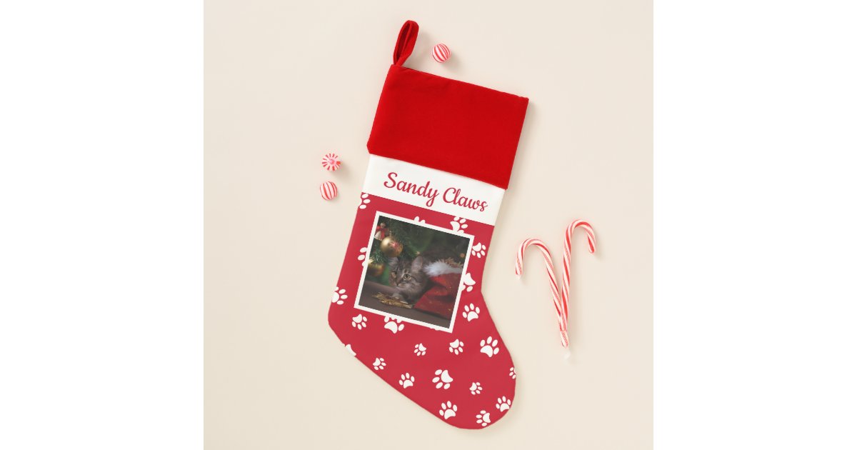 Cute Cat Name Photo White Paw Prints Christmas Stocking Zazzle Com