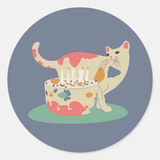 Cute cat near the celebrated cake classic round sticker (Front)