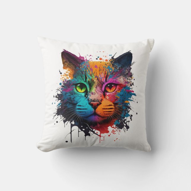 Cute Cat Neon Ink Splash Throw Pillow (Front)