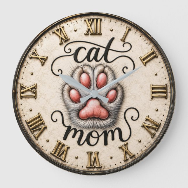 Cute Cat Nom Paw Print Rustic  Large Clock (Front)