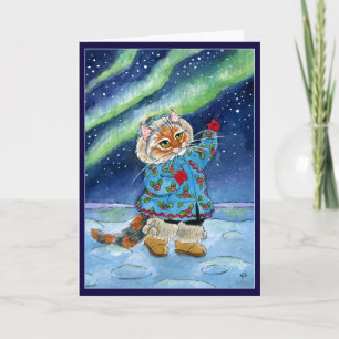 Cute cat, northern, northern lights, funny Christm Holiday Card