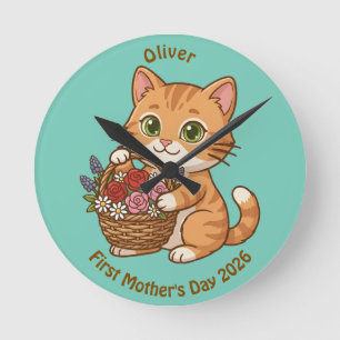 Cute Cat Nursery Wall Clock: Baby Gift Round Clock