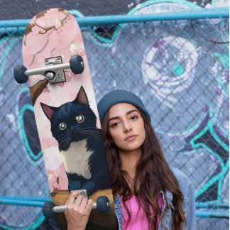 Cute Cat On A Cherry Blossom Tree Skateboard