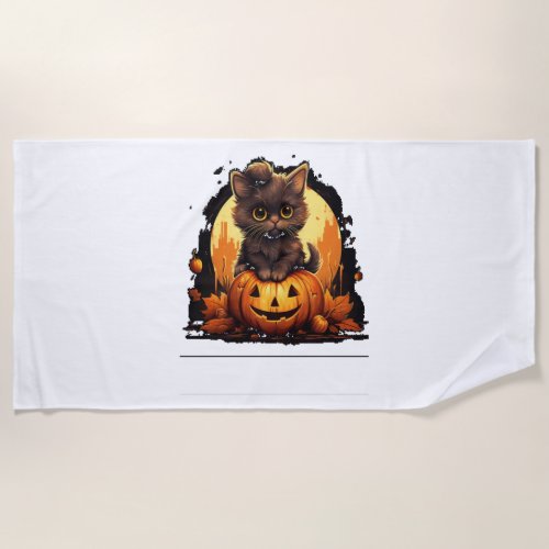 Cute Cat on a Halloween Pumpkin T_shirt   Beach Towel