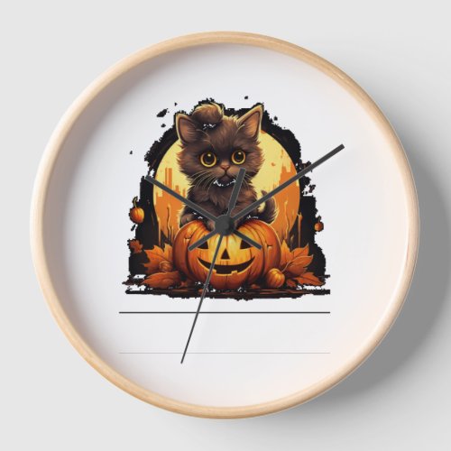 Cute Cat on a Halloween Pumpkin T_shirt   Clock