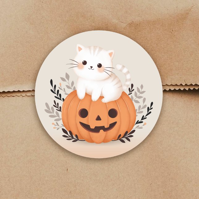 Cute Cat On A Pumpkin Halloween Illustration Classic Round Sticker (Creator Uploaded)