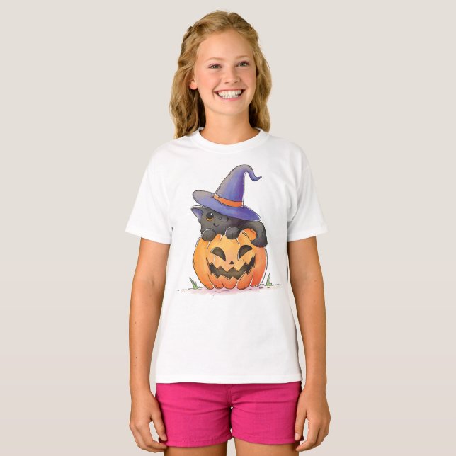 Cute Cat on a Pumpkin Halloween | Shirt (Front Full)
