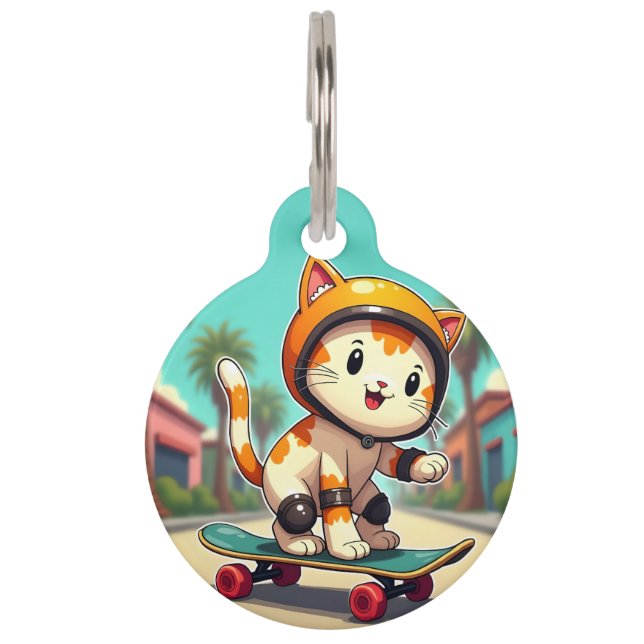 Cute cat on a skateboard pet ID tag (Front)