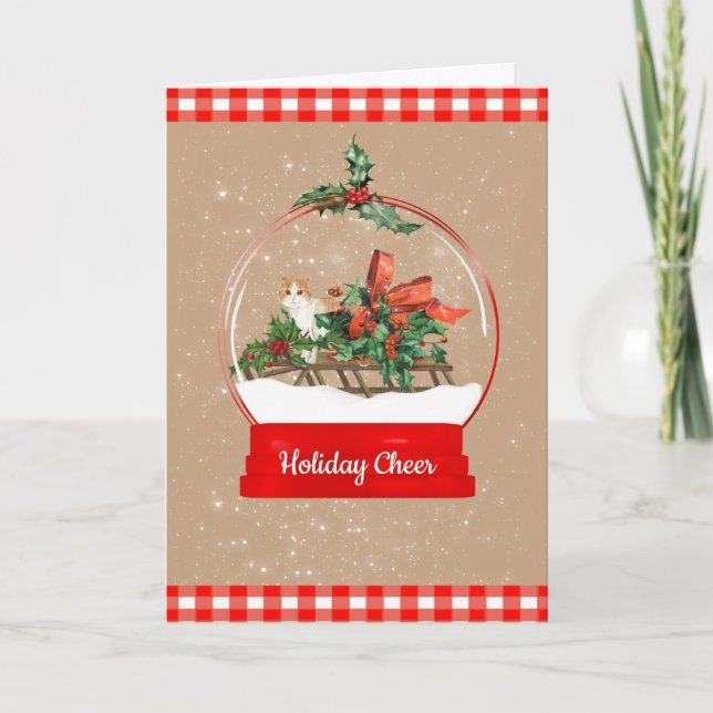 Cute Cat on a Sled Snow Globe Christmas Card (Front)