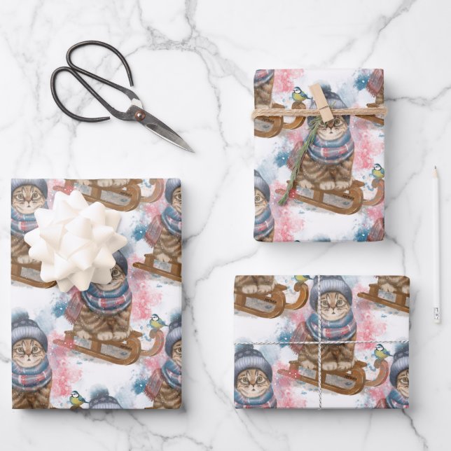Cute Cat On A Sled Wrapping Paper Sheets (Front)