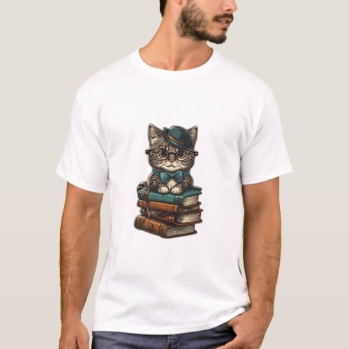 Cute Cat On a Stack of Books  T_Shirt