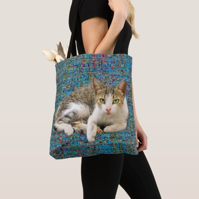 Cute cat on abstract background tote bag (Close Up)
