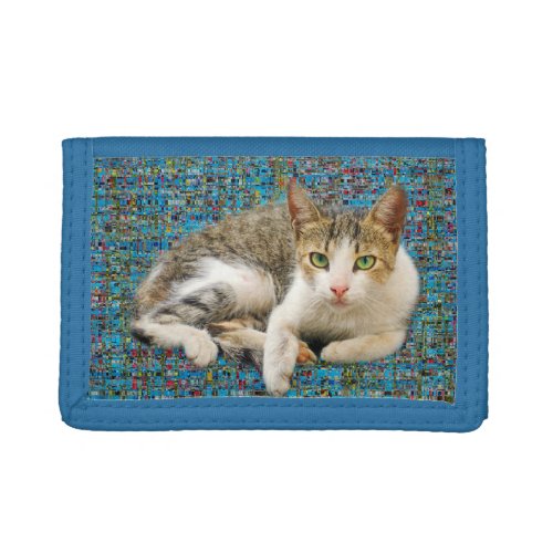 Cute cat on abstract background trifold wallet