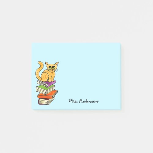 Cute Cat on Book Stack Teacher Name Aqua 4 x 3 Post_it Notes