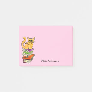 Cute Cat on Book Stack Teacher Name Pink 4 x 3 Post-it Notes