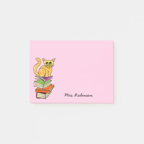 Cute Cat on Book Stack Teacher Name Pink 4 x 3 Post_it Notes