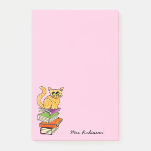 Cute Cat on Book Stack Teacher Name Pink 4 x 6 Post-it Notes