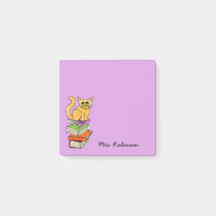Cute Cat on Book Stack Teacher Name  Purple 3 x 3 Post-it Notes