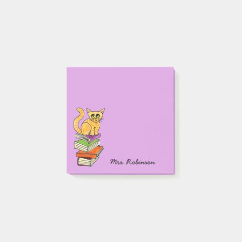 Cute Cat on Book Stack Teacher Name  Purple 3 x 3 Post_it Notes