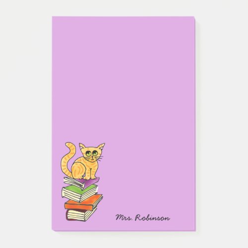 Cute Cat on Book Stack Teacher Name Purple 4 x 6 Post_it Notes