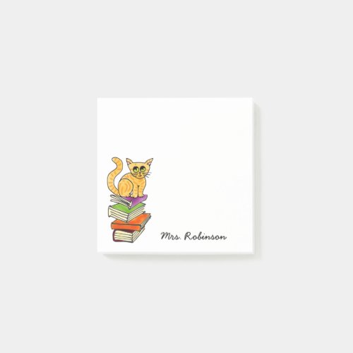 Cute Cat on Book Stack Teacher Name White 3 x 3 Post_it Notes