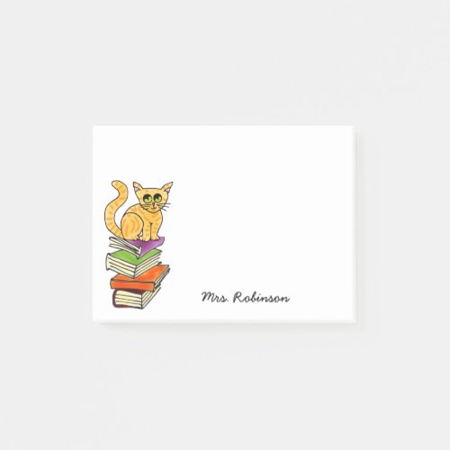 Cute Cat on Book Stack Teacher Name White 4 x 3 Post_it Notes