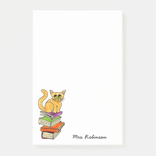 Cute Cat on Book Stack Teacher Name White 4 x 6 Post-it Notes (Front)