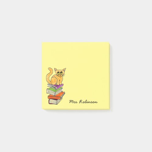 Cute Cat on Book Stack Teacher Name Yellow 3 x 3 Post_it Notes