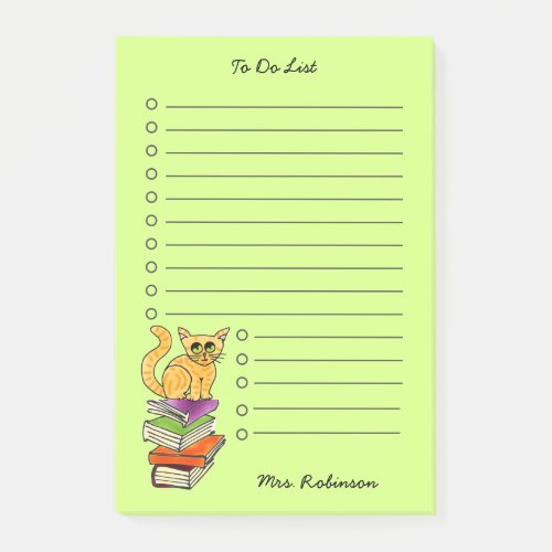 Cute Cat on Books Teacher To Do List Green 4 x 6 Post_it Notes