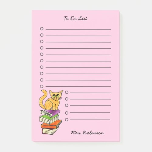 Cute Cat on Books Teacher To Do List Pink 4 x 6 Post_it Notes